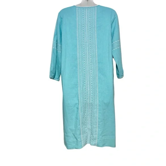 Etcetera Blue Linen Blend Dress with White Embroidery - Picture 3 of 5